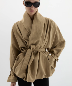 Magda Butrym Draped Collar Viscose And Linen Jacket In Beige - Image 3