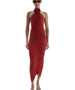 Magda Butrym Ruched Halterneck Flower Dress In Red - Image 3