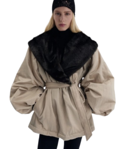 Magda Butrym Belted Faux Fur Collar Jacket In Beige - Image 3