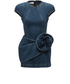 Magda Butrym Short-Sleeve Denim Mini Dress With Sculpted Flower in Blue