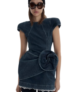 Magda Butrym Short-Sleeve Denim Mini Dress With Sculpted Flower in Blue - Image 3