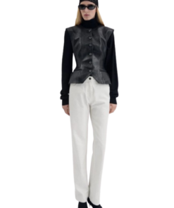 Magda Butrym Tailored Flared Vest in Black Leather - Image 3