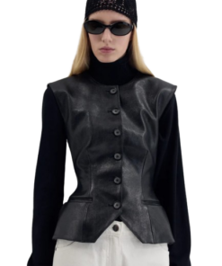 Magda Butrym Tailored Flared Vest in Black Leather - Image 4