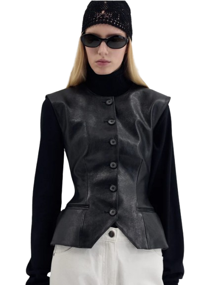 Magda Butrym Tailored Flared Vest in Black Leather - Image 4